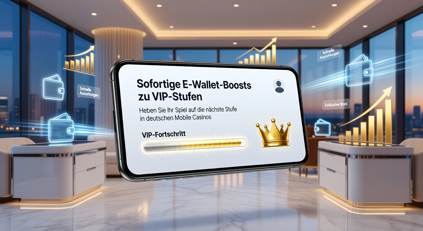 Grafik mit VIP-Stufenleiter, E-Wallet-Icons und steigenden Boost-Prozenten, die den Weg zu höheren Casino-Stufen illustrieren